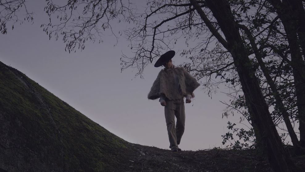 Personnage au large chapeau sur un chemin entre les arbres.